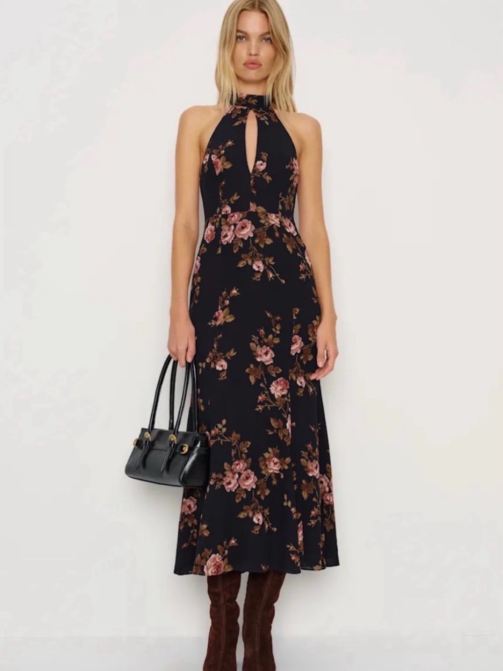 Reformation Noele Halter Midi Cocktail Dress in Black and Rose